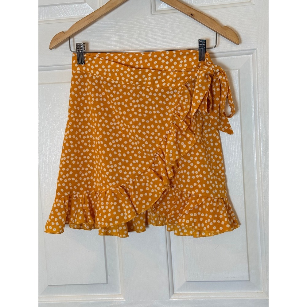 SHEIN Mustard Yellow Daisy Floral Ruffle Wrap Mini Skirt Size XS 2 Cottagecore
